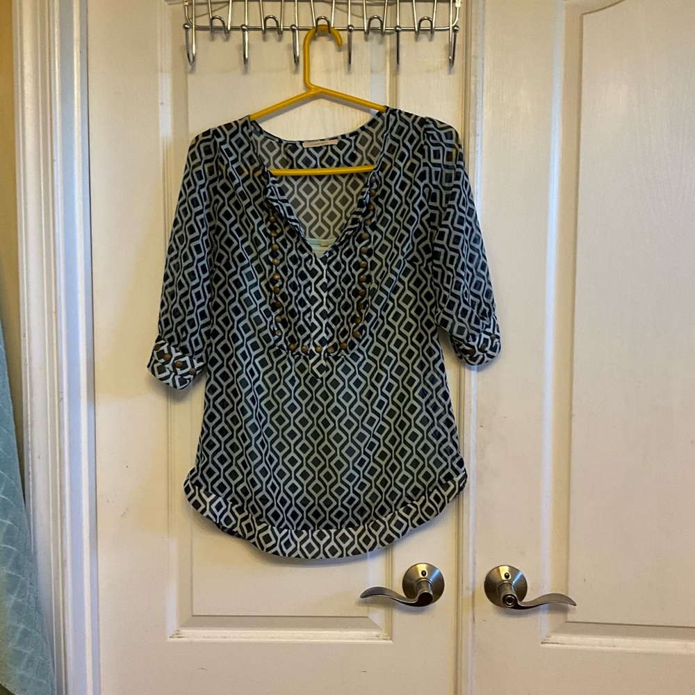 41‎ Hawthorn Blue Fitted Tunic Blouse with Buttoned Sleeves